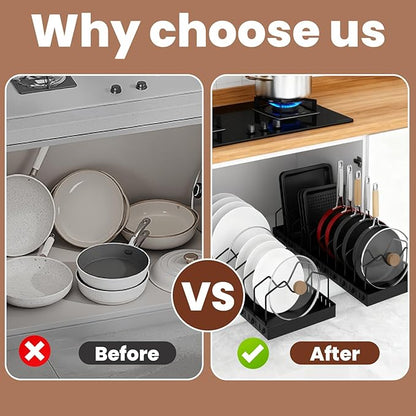 WODHMIEY 2 Pcs Pots and Pans Organizer Under Cabinet - Expandable Pull Out Cabinet Organizer for Pots and Pans, Pan and Lid Organizers Inside Cabinet, Adjustable Storage Rack (BLACK)