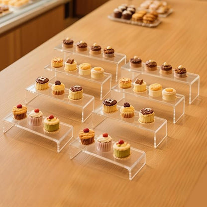Acrylic Display Riser Stand,5mm Thickness, 12'' Length Tier Display Stands, Thickened to 0.2''(5mm) Acrylic Shelf Risers for Perfume Display,Risers for Buffet Table,Cupcake Stand,Pop Figurines,Tumbler,Food,8Pcs