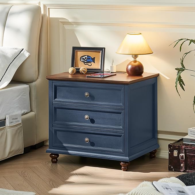 Joaxswe Farmhouse Nightstand Set of 2 with Charging Station, 24" Wide End Table with 3 Drawers,Dresser for Bedroom,Bed Side Table Chest of Drawers Cabinet,Wood Blue Night Stand for Living Room
