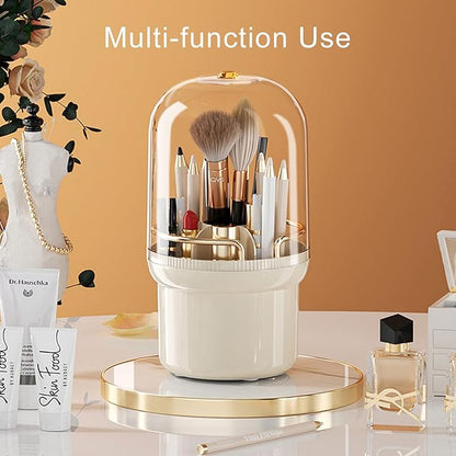 360-Degree Rotating Colored Pencil Holder with Lid, Pencil Organizer Holds 100 Long Pencils with 7 Slots for Desk, Caddy Art Supply Organizer, Multi-function Makeup Brushes Ogranizer (Ivory White)