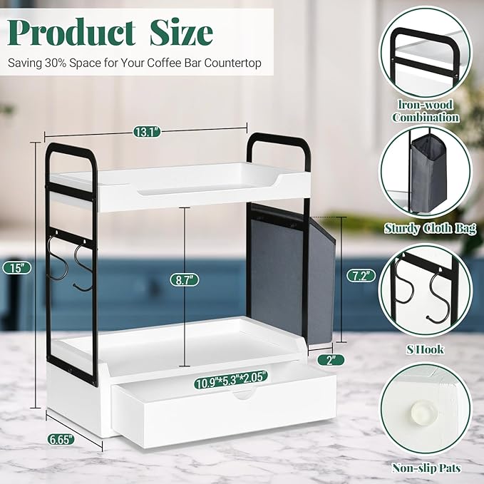 Coffee Station Organizer for Counter, Condiment Storage Caddy for Kitchen with Hooks and Bag,2 Tier Wooden Shelf for Coffee Bar Accessories,Coffee Bar Organizer for Kitchen, Home, Office-White