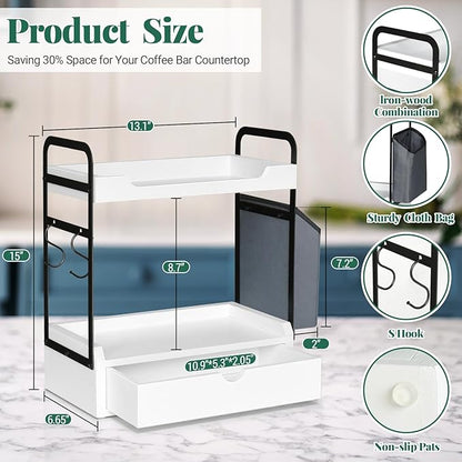 Coffee Station Organizer for Counter, Condiment Storage Caddy for Kitchen with Hooks and Bag,2 Tier Wooden Shelf for Coffee Bar Accessories,Coffee Bar Organizer for Kitchen, Home, Office-White