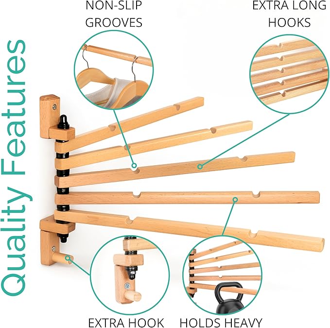 Swivel Towel Rack - Clothes Drying Rack Wall Mounted - Crafted with Rustic Hard Wood - 5 Durable Rods, Stylish and Home Docor Design for Bathroom, Laundry Room