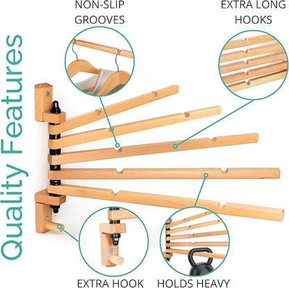 Swivel Towel Rack - Clothes Drying Rack Wall Mounted - Crafted with Rustic Hard Wood - 5 Durable Rods, Stylish and Home Docor Design for Bathroom, Laundry Room