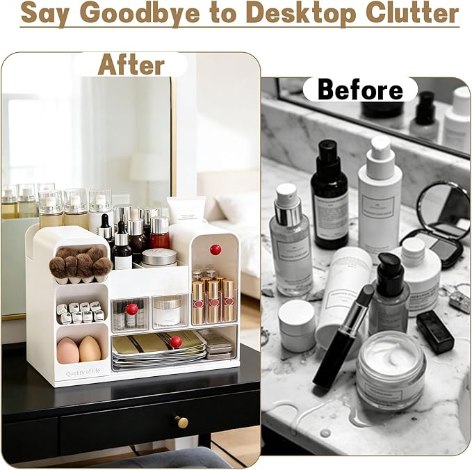 LLNTOU Makeup Organizer for Vanity with Brush Holder, Large Cosmetic & Skincare Organizer Countertop with Muti-Drawers, Cosmetic Display Case for Lipsticks, Nail Polishes, Perfumes, Eyeshadow (white)
