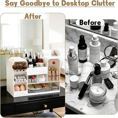 LLNTOU Makeup Organizer for Vanity with Brush Holder, Large Cosmetic & Skincare Organizer Countertop with Muti-Drawers, Cosmetic Display Case for Lipsticks, Nail Polishes, Perfumes, Eyeshadow (white)