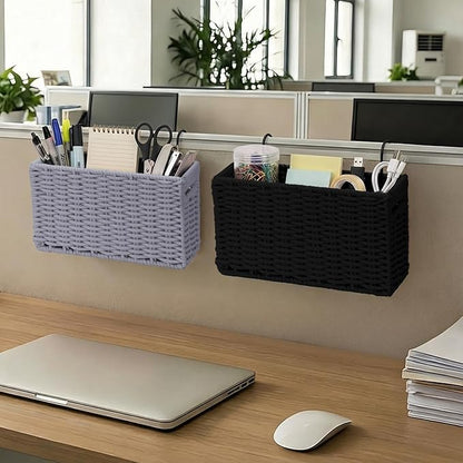 Cotton Rope Woven Bedside Caddy for Dorm Bed, Foldable Bedside Shelf Bunk Bed Accessories, College Dorm Room Essentials Hanging Organizers Storage Basket, Room Decor Magazine File Holder (Black)