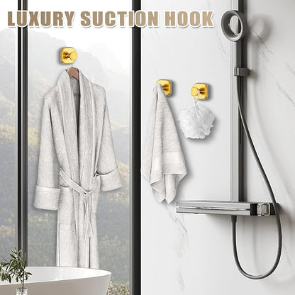 Fenas Suction Cup Hooks for Shower - Resuable Bathroom Hooks for Towels, Robes & Loofah - No-Drill Mounting on Kitchen,Walls,Metal,Glass,Mirrors,Tile & Smooth Non-Porous Surfaces (2, Brushed Gold)