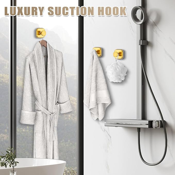 Fenas Suction Cup Hooks for Shower - Resuable Bathroom Hooks for Towels, Robes & Loofah - No-Drill Mounting on Kitchen,Walls,Metal,Glass,Mirrors,Tile & Smooth Non-Porous Surfaces (4, Brushed Gold)
