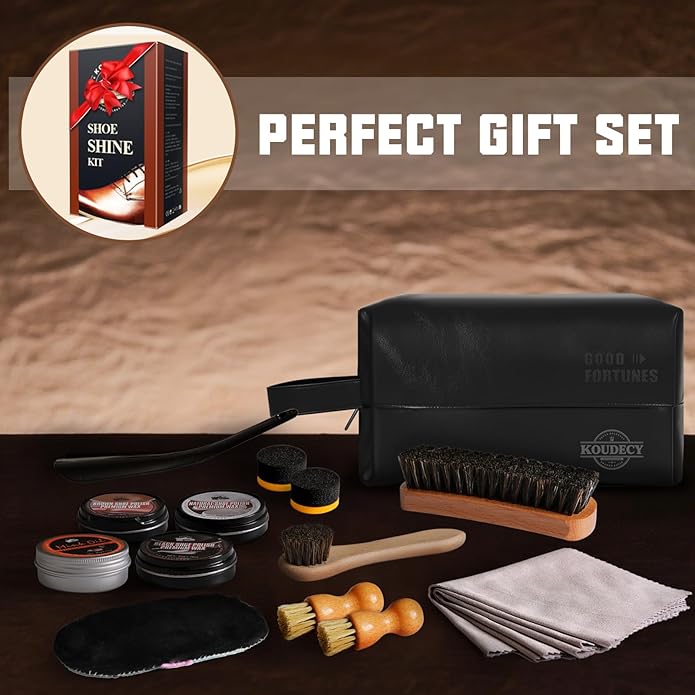 Shoe Shine Kit for Men & Women, 16Pcs Black Shoe Polish Kit for Leather Boots Care, Mens Gifts Ideas