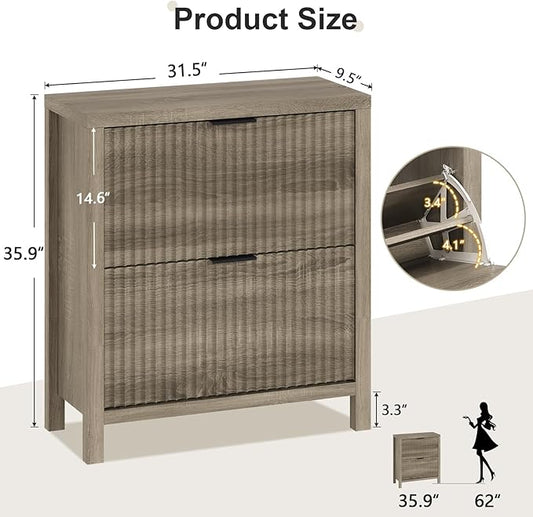YOMILUVE Shoe Cabinet Storage for Entryway, Fluted Shoe Cabinet with 2 Flip Drawers, Hidden Shoe Rack Tall Freestanding Shoe Organizer with Legs for Hallway, Gray
