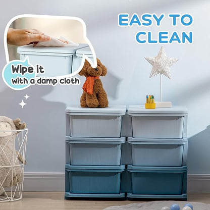 Qaba 3 Tier Kids Storage Unit, Toy Organizers and Storage with 6 Drawer Chest for Kids Bedroom Nursery Kindergarten Living Room for Boys Girls Toddlers, Blue