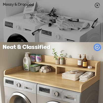2-Tier Washer and Dryer Countertop with 2.75" H Guard,54" W x 27.5" D Laundry Countertop Cover with Non-Slip Pad,Large Space Laundry Topper for Folding Clothes Over Washer-Pure Wood Color