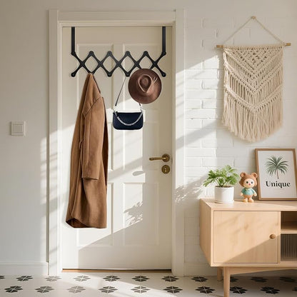 SCUNDA Expands Over The Door Hook Rack, Heavy Duty No Drill Hooks for Bathroom, Bedroom, Kitchen, Closet - Over The Door Hanger for Towels, Robes, Bags, Coats(Black)