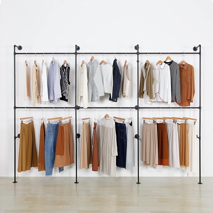 Modern Simple Industrial Pipe Clothing Rack, Display Stand Wall Mounted Clothes Garment Rack Heavy Duty Hanging Clothes Rods Bar for Closet Storage, 134in Black