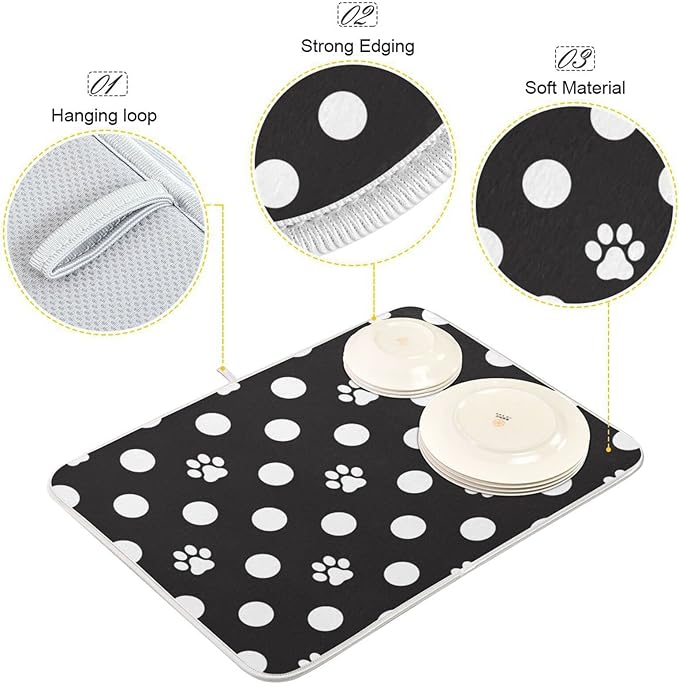ZzWwR Cat Paw Dog Paw Foot Print Dots Absorbent Dish Drying Mat Large Microfiber Kitchen Countertop Table Protector Multi-Purpose Counter Rack Sink Drainer Pad (16" x 18")