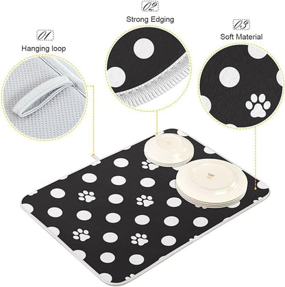 ZzWwR Cat Paw Dog Paw Foot Print Dots Absorbent Dish Drying Mat Large Microfiber Kitchen Countertop Table Protector Multi-Purpose Counter Rack Sink Drainer Pad (16" x 18")
