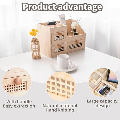 GYASVWU Bamboo Desk Organizer-No Assembly Required,Mini Bamboo Desk Drawer Organizer,Tabletop Storage Box for Office/kitchen counter/Bedroom, No Assembly Required (3 Drawer with Shelf)