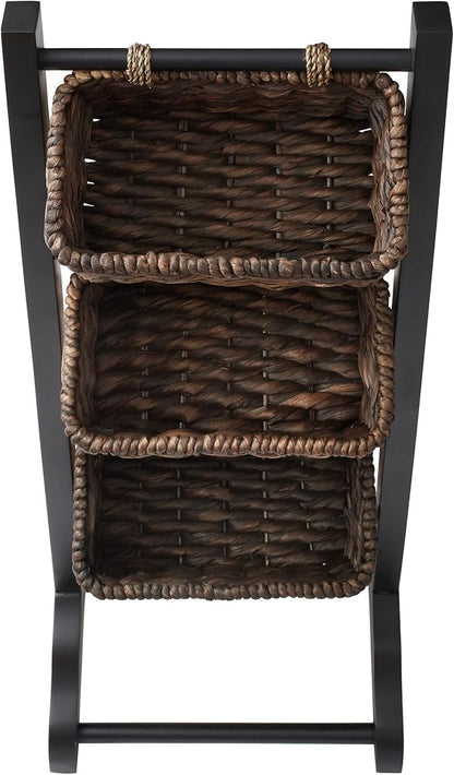 Casafield 3-Tier Floor Stand with Water Hyacinth Storage Baskets, Black/Espresso - Standing Organizer Rack for Bathroom, Kitchen, Laundry, Living Room