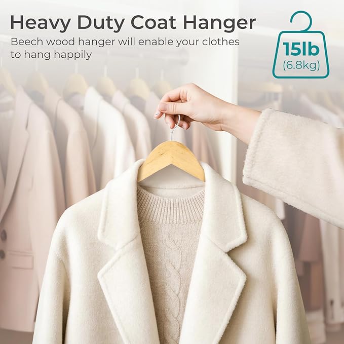 HOUSE DAY Premium Wooden Coat Hangers 10 Pack, Heavy Duty Solid Wood Clothes Hangers with 360° Swivel Hook & Pant Bar for Jackets, Dress, Shirts, Natural Wood Suit Hanger for Closet Organizer
