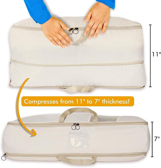 HappiBox 2-pack Comforter Storage Bag - Compression Organizer, Pillow, Blanket, Bedding, Duvet - Space Saver Collapsible Extra Large Mesh Packing Cube - Queen King Size (2-pack Medium Size (24x14x11))