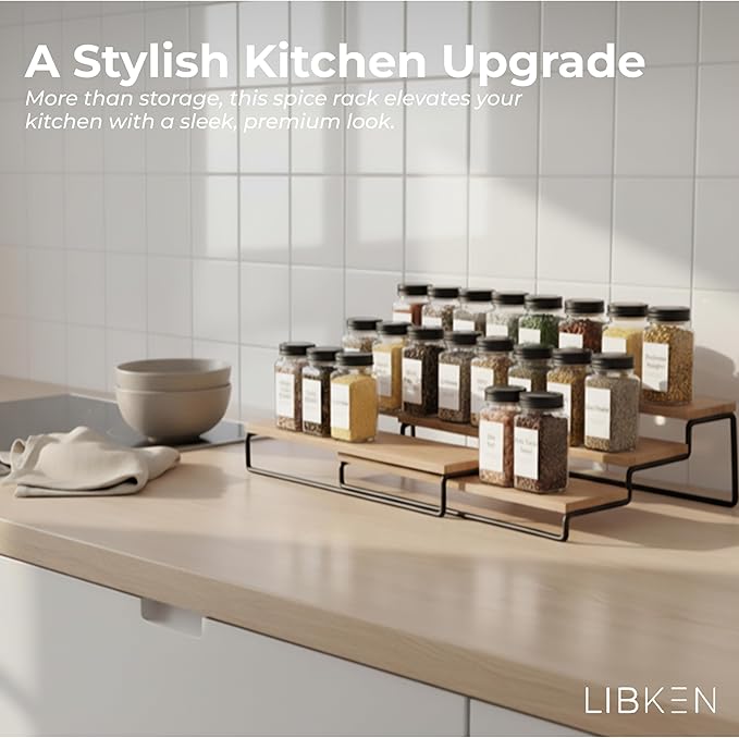 LIBKEN Tiered Spice Rack Organizer – Wood & Metal Countertop & Cabinet Spice Stand, Strong & Sturdy 3-Tier Shelf for Kitchen, Pantry, Seasoning Bottles – Minimal Scandinavian Design - Wood Brown