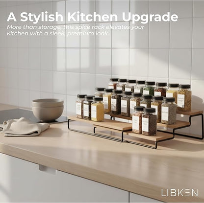 LIBKEN Tiered Spice Rack Organizer – Wood & Metal Countertop & Cabinet Spice Stand, Strong & Sturdy 3-Tier Shelf for Kitchen, Pantry, Seasoning Bottles – Minimal Scandinavian Design - Wood Brown