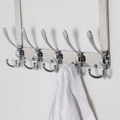 Dseap Over The Door Hook Hanger - Fits 1 3/8" to 1 3/4" Standard Doors | 5 Tri Hooks Heavy Duty Towel/Coat Rack | Door Organizer for Clothes, Jackets, Hats, Towels, Chromed, Pack of 2