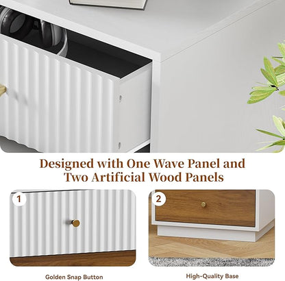 23.6" Set of 2 Tall Night Stand with 3 Storage Drawers, Fluted Nightstand with Metal Handles, Modern End Table Bedside Table Chest for Bedroom, White and Natural