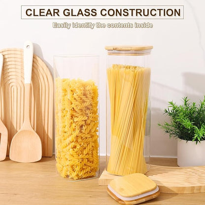 Glass Food Storage Jars with Lids(2.2QT)Square Set of 3 ,Glass Storage Containers Clear Glass Food Canister with Bamboo Lid Airtight For Serving Tea, Coffee Beans, Flour,Cookie, Cereal,Spice and More