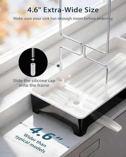 Caumic Minimalist Sink Caddy, Rustproof Sponge Holder for Kitchen Sink with 304 Stainless-Steel Brush Holder, Countertop Rack Organizer with Raised Ridges & Silicone Drain Tube (Black)