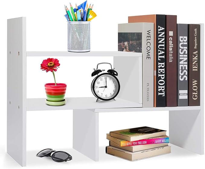 Wood Adjustable Desktop Storage Organizer Display Shelf Rack, Office Supplies Desk Organizer,White