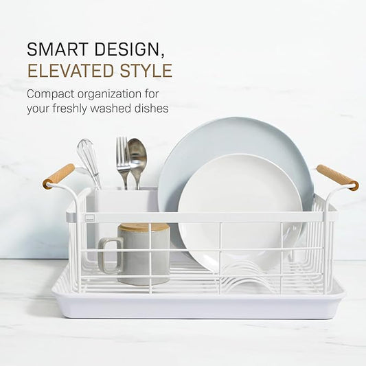 YAMAZAKI Home Sink Dish Rack with Removable Drainer Tray, Kitchen Drying Organizer Holder, One Size, White Steel