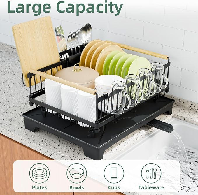 Vathingood Dish Drying Rack, Drying Rack with Automatic Drainboard, Dish Racks for Kitchen Counter, Rustproof Dish Drainer with Removable Utensil Holder, Cups Holder,Black