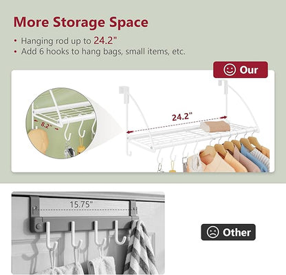 Tajsoon Over Door Clothes Hanger with Storage Rack and 6 Hooks, Extended Over The Door Clothes Rack for Hanging Coat for Bathroom, Bedroom, Living Room, White