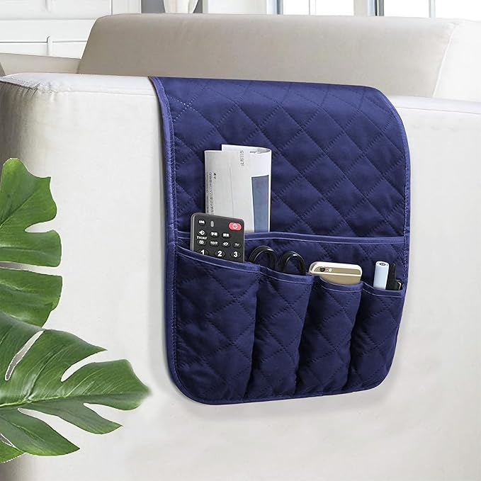 AUVCAS Sofa Armrest Organizer Non-Slip Arm Chair Bedside Caddy Storage Organizer for Recliner Couch with 5 Pockets for Cell Phone TV Remote Control Magazines (BLUE)