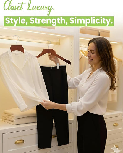 All Hung Up Hangers - Wooden Hangers with Clips for Women, Solid Wood Skirt & Suit Hangers, Heavy-Duty Adjustable Non-Slip Design with Velvet Grip, High Gloss Brown with Brown Velvet, 12 pcs