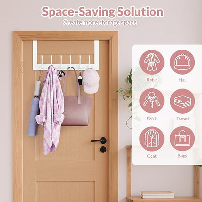 BAKON Over The Door Hooks with 6 Hook, Heavy Duty Over Door Hanger for Hanging Clothes Coat Hat Jacket, Door Coat Rack for Bathroom Closet Laundry Bedroom Kitchen Living Room Home Organizer(1, White)