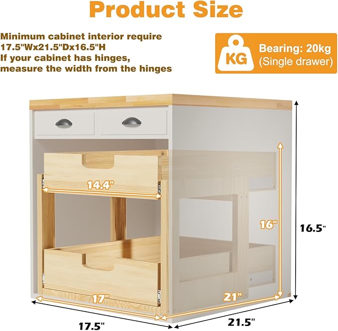 Pull Out Cabinet Organizer, 17''W×21''D Sliding Drawers for Cabinets, 2 Tier Soft Close Slide Out Wooden Pull out Drawers, Base Cabinet Organization for Kitchen, Pantry, Bathroom