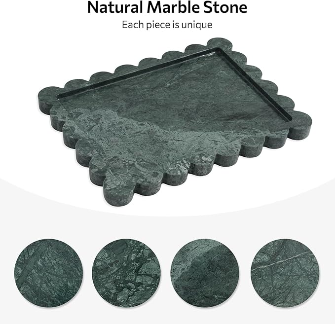 Faticdorr Natural Marble Scalloped Tray 10.8" x 8", Marble Vanity Tray for Jewelry Trinket Cosmetics Perfume Candle, Luxury Decorative Trays for Bathroom Kitchen Dresser Countertop, Green
