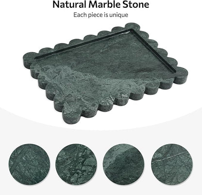 Faticdorr Natural Marble Scalloped Tray 10.8" x 8", Marble Vanity Tray for Jewelry Trinket Cosmetics Perfume Candle, Luxury Decorative Trays for Bathroom Kitchen Dresser Countertop, Green
