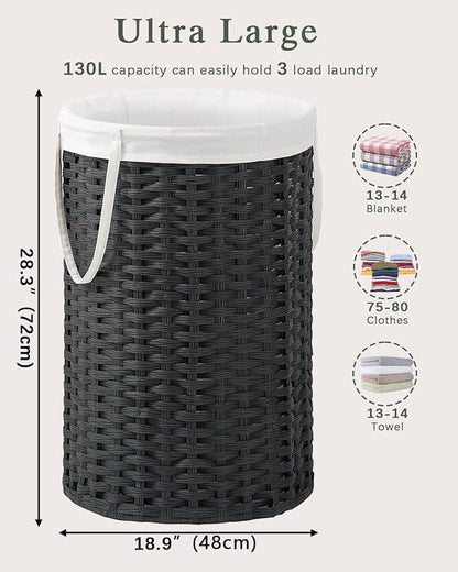 34.3 Gal (130 L) Large Laundry Hamper Laundry Basket Round Handwoven Wicker Laundry Baskets Rattan Laundry Basket with Removable Bag Handles 2 Mesh Bags for Living Room Bedroom Black (No Lid)
