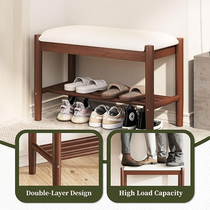 Solid Wood Shoe Bench with Cushion, 2-Tier Shoe Rack for Front Door Entrance, Enterway Benches with Shoe Storage (Walnut, 23.6in)