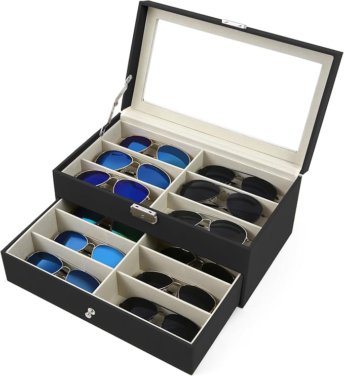 Homeanda 2-Layer Sunglasses Case - 12 Slots Hard Shell Eyeglasses Storage Box PU Leather Organizer, Protective Glasses Organizer Christmas Gift for Men and Women(Black)