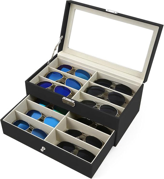 Homeanda 2-Layer Sunglasses Case - 12 Slots Hard Shell Eyeglasses Storage Box PU Leather Organizer, Protective Glasses Organizer Christmas Gift for Men and Women(Black)