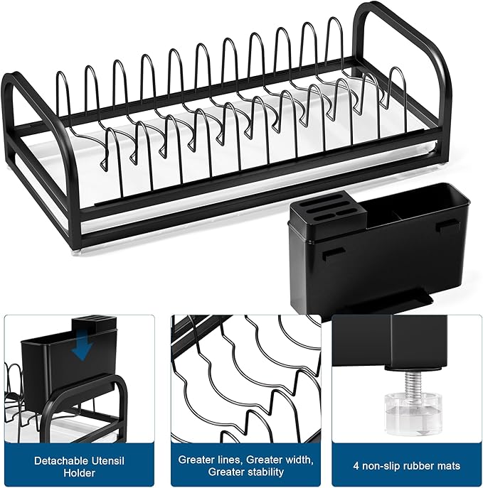 YEYPOP Black Dish Drying Rack Small for Kitchen Counter, 304 Stainless Steel Dish Rack w Tray & Cutlery Holder, Narrow Dish Drainer for Pots & Pans, Cutting Boards, Plates & Lids