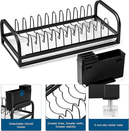 YEYPOP Black Dish Drying Rack Small for Kitchen Counter, 304 Stainless Steel Dish Rack w Tray & Cutlery Holder, Narrow Dish Drainer for Pots & Pans, Cutting Boards, Plates & Lids