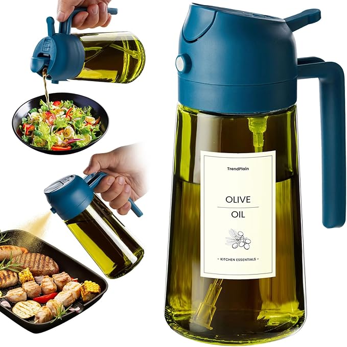 TrendPlain - Original 16oz/470ml Olive Oil Dispenser Bottle for Kitchen Gadgets and Air Fryer Accessories - Olive Oil Sprayer for Cooking w/Stickers - Navy