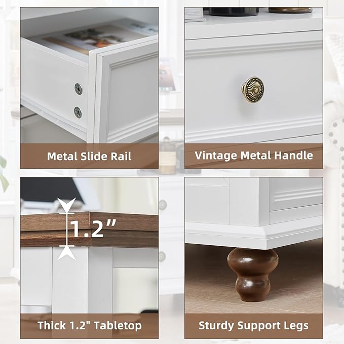 Joaxswe 24" Wide Farmhouse Night Stand,Large End Table with 2 Drawers & Metal Handle,Wood Dresser for Bedroom, White Bed Side Table Chest of Drawers Cabinet,Nightstand for Living Room,Closet