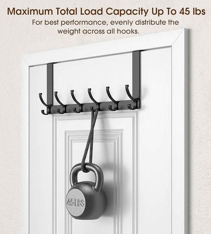 KitchLife Over The Door Hooks Hanger with 7 inches Extended Arms, Fits 1-3/8" Doors, F18U, Bathroom Towel Rack Organization, Thickened 6-Double Hook, Matte Black